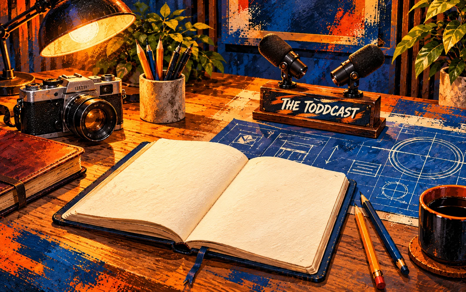Creative tools, books and a microphone on an illustrated workbench