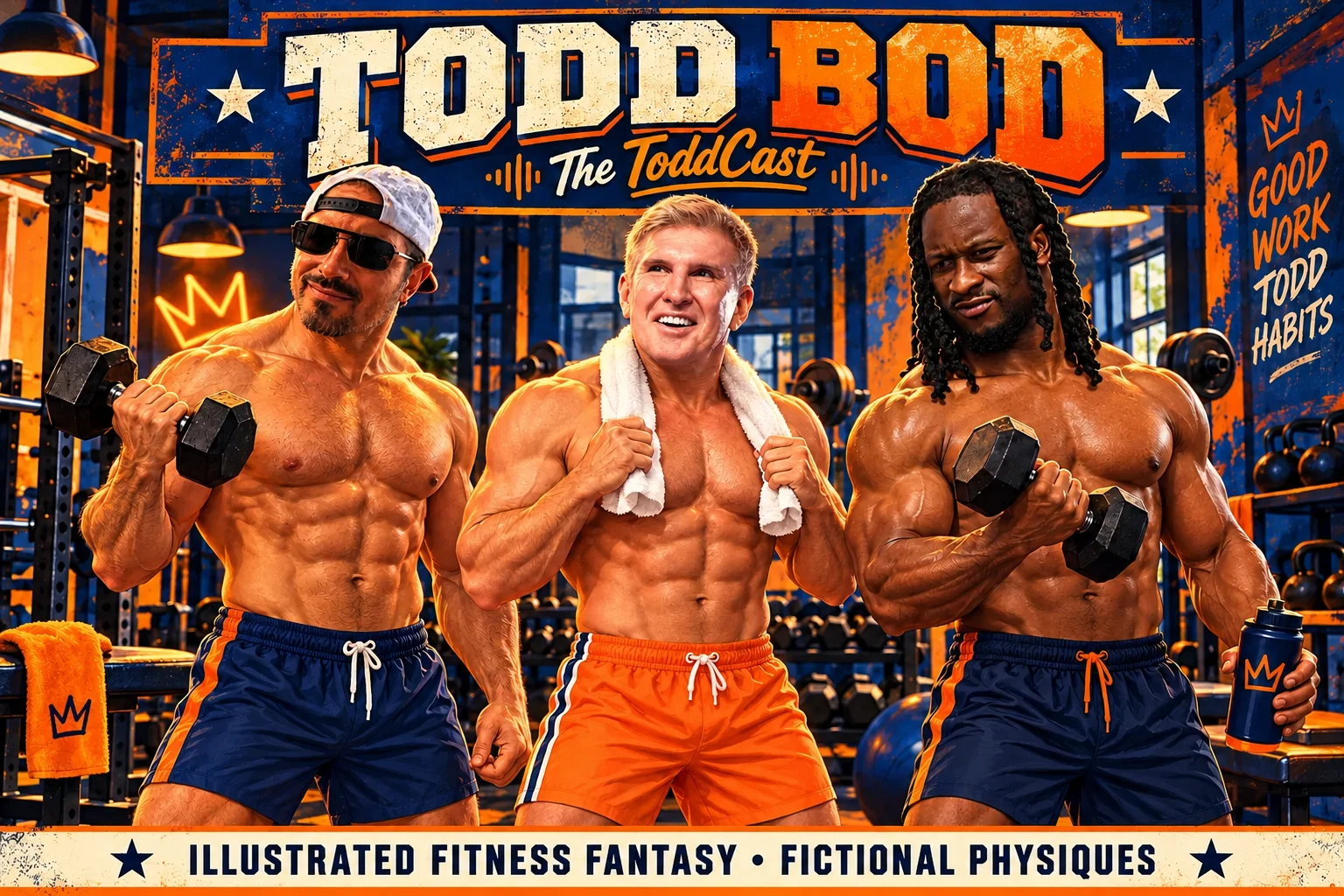 Todd Michael, Todd Chrisley & Todd Gurley: visibly imagined idealized adult fitness illustration; imaginary physiques, not real bodies or results