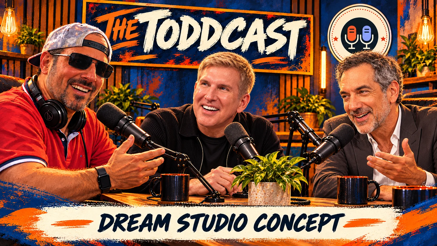 Fictional illustration: Todd Michael on the left, Todd Chrisley in the center, Todd Phillips on the right; imagined future scene, no meeting or booking implied